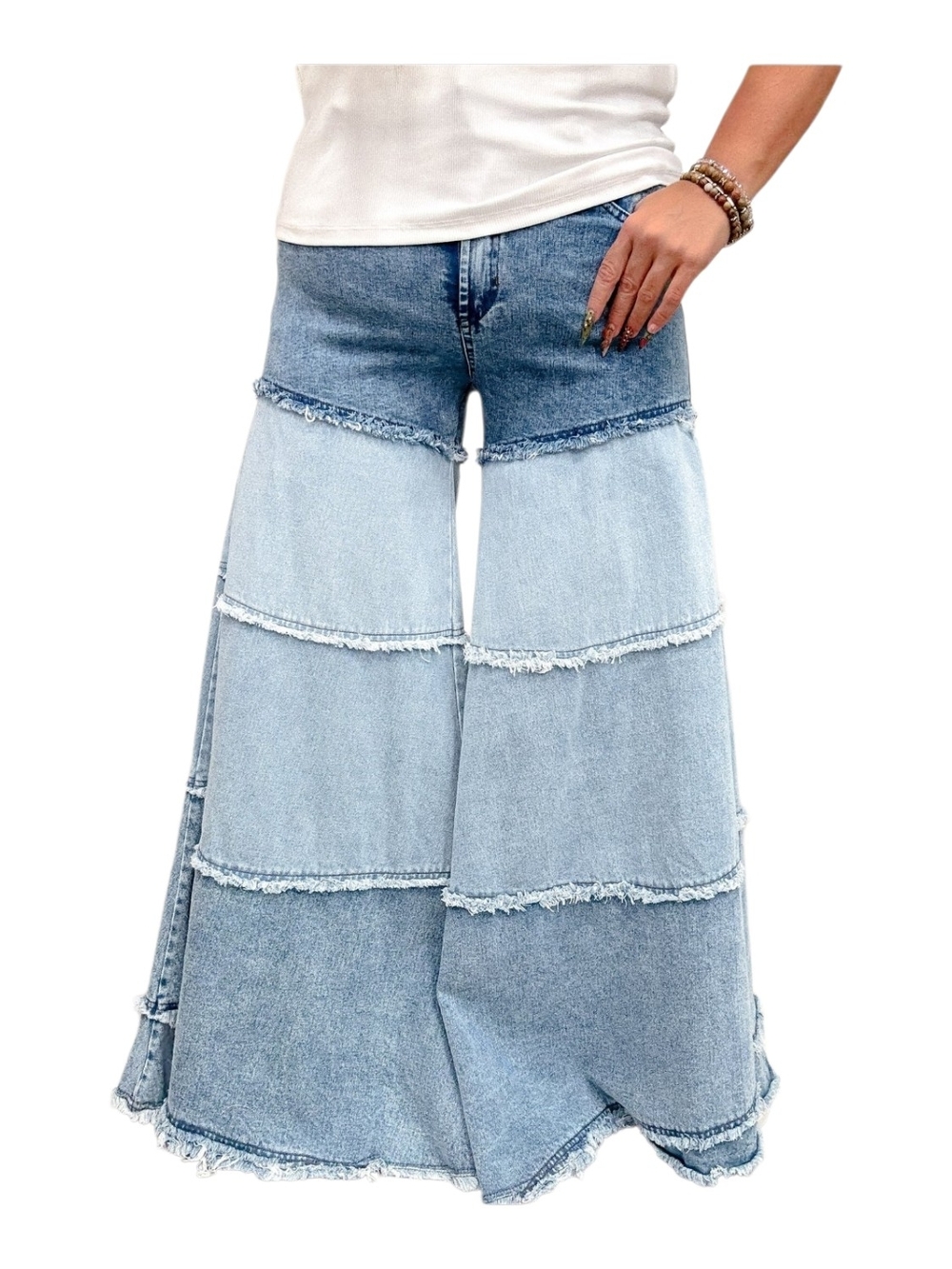 Blue Velvet Two-Tone Light Blue Patchwork Wide-Leg Jeans